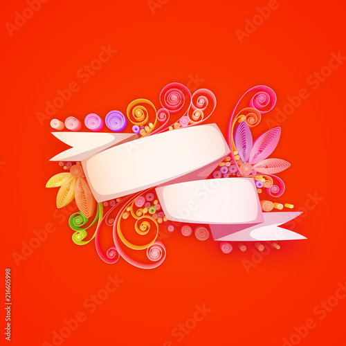 Colorful vector of composed quilling arrangement with banner with white ribbon on red background