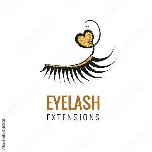 Eyelash extension with gold glitter logo design. Vector illustration.