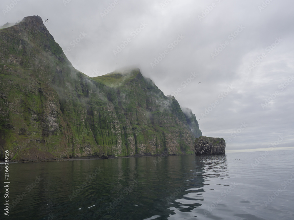 view from boat on steep green Hornbjarg cliffs biggest bird cliffs in Europe, west fjords, remote nature reserve Hornstrandir in Iceland, misty fog ocean and moody sky