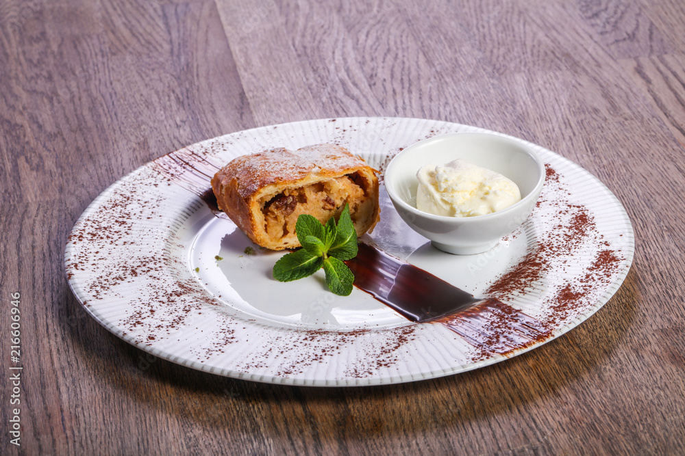 Apple strudel with ice-cream