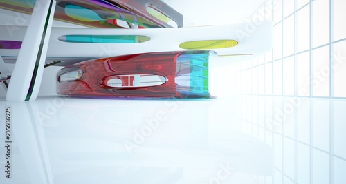 Abstract white and colored gradient glasses interior multilevel public space with window. 3D illustration and rendering.