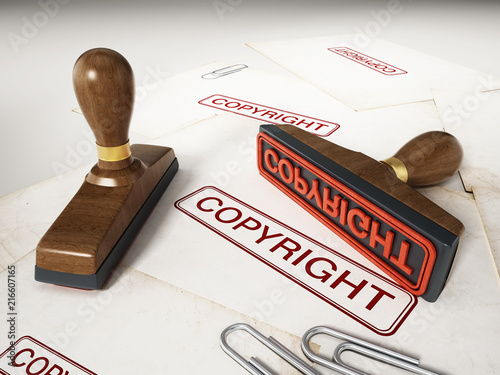 Copyright stamp standing on documents. 3D illustration