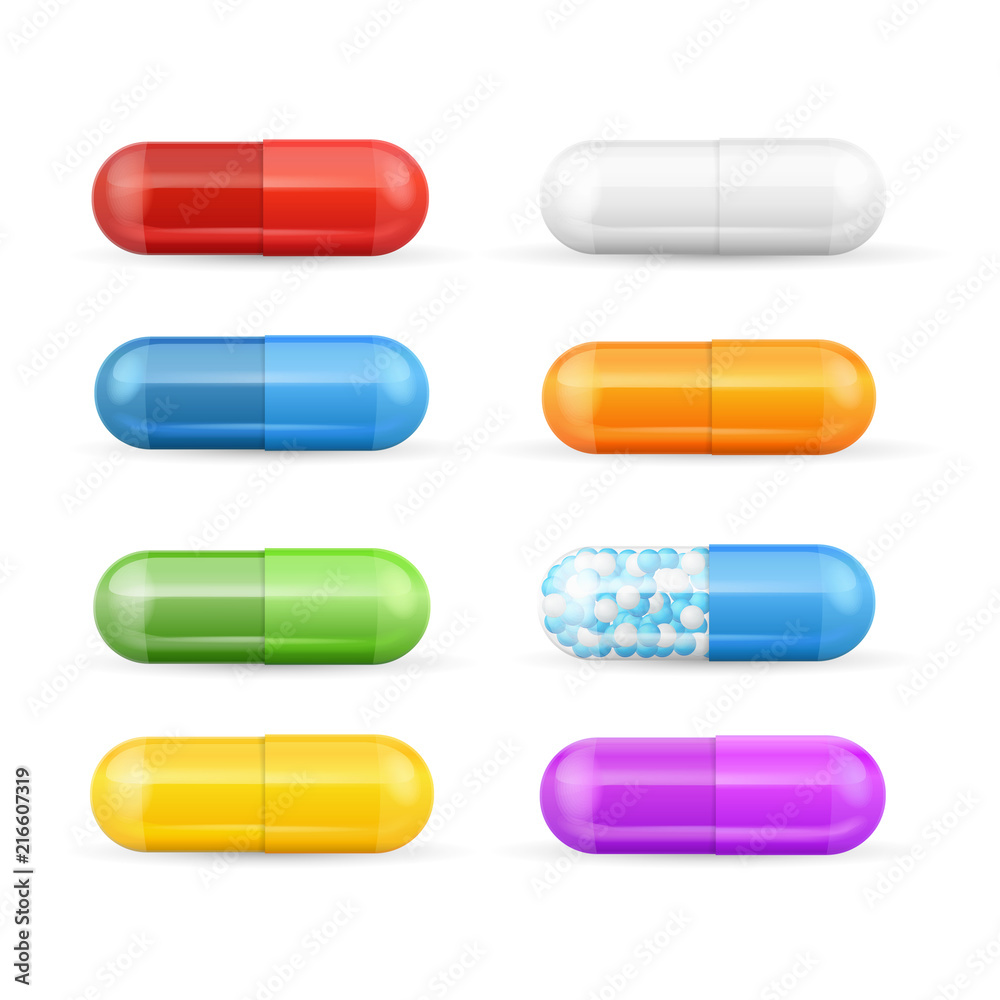Realistic Detailed 3d Color Pills and Vitamins Set. Vector