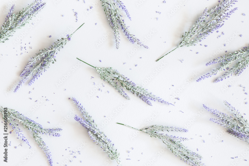 Obraz premium Lawendowy kwiatu wzór na pastelowym szarym tle. Płaski układ, widok z góry