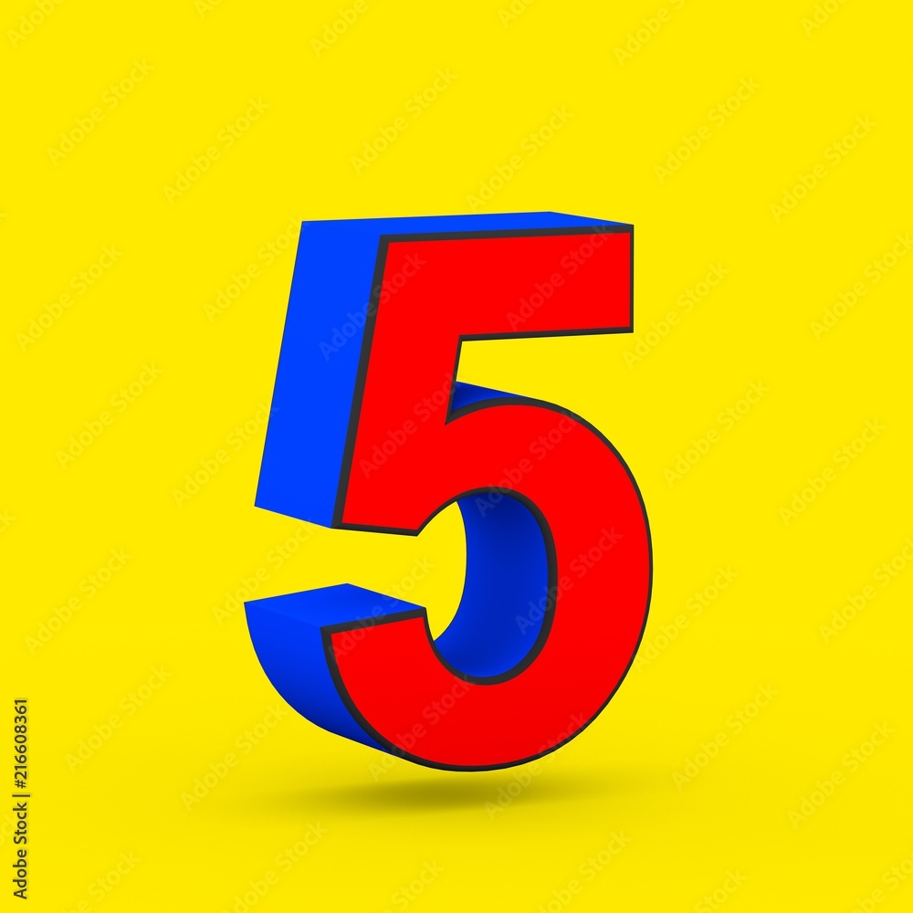 Red and blue superhero number 5 isolated on yellow background. Red and blue superhero number 5 isolated on yellow background.