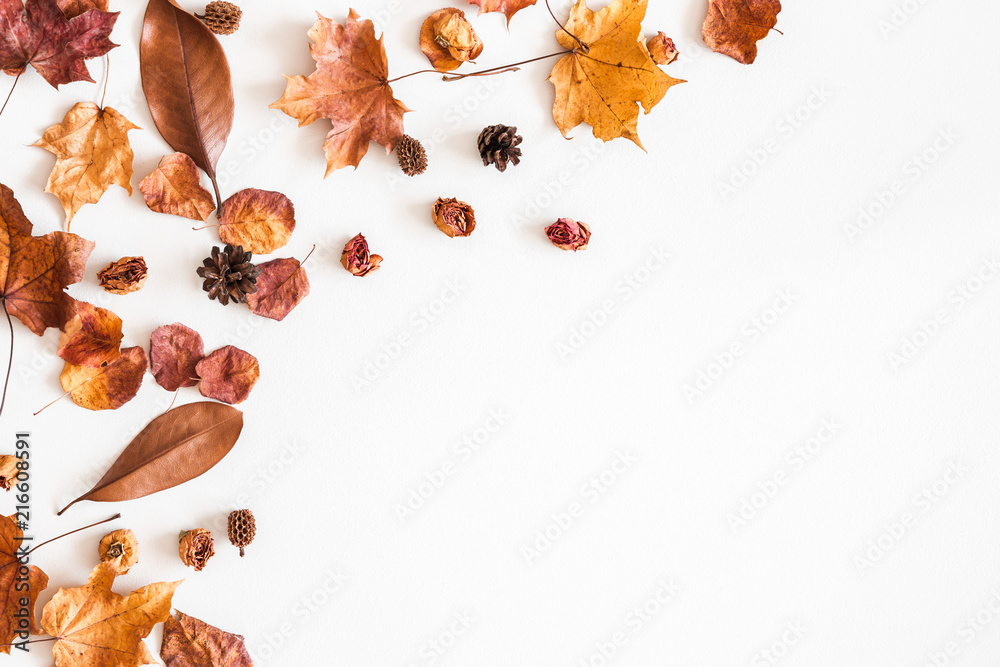 Fototapeta Autumn composition. Frame made of autumn dried leaves on white background. Flat lay, top view, copy space