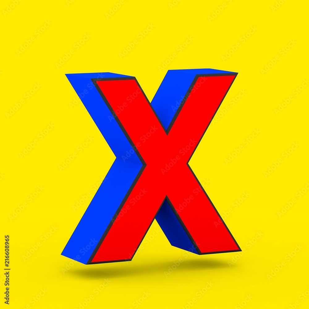 Red and blue superhero letter X uppercase isolated on yellow background. Red and blue superhero letter X uppercase isolated on yellow background.