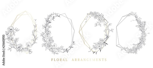 Floral bouquet design. Wedding arrangement. Botanical frame. Hand drawn flowers.