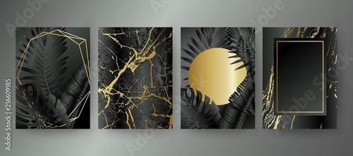 Set of elegant brochure, card, background, cover. Black and golden marble texture. Palm, exotic leaves.