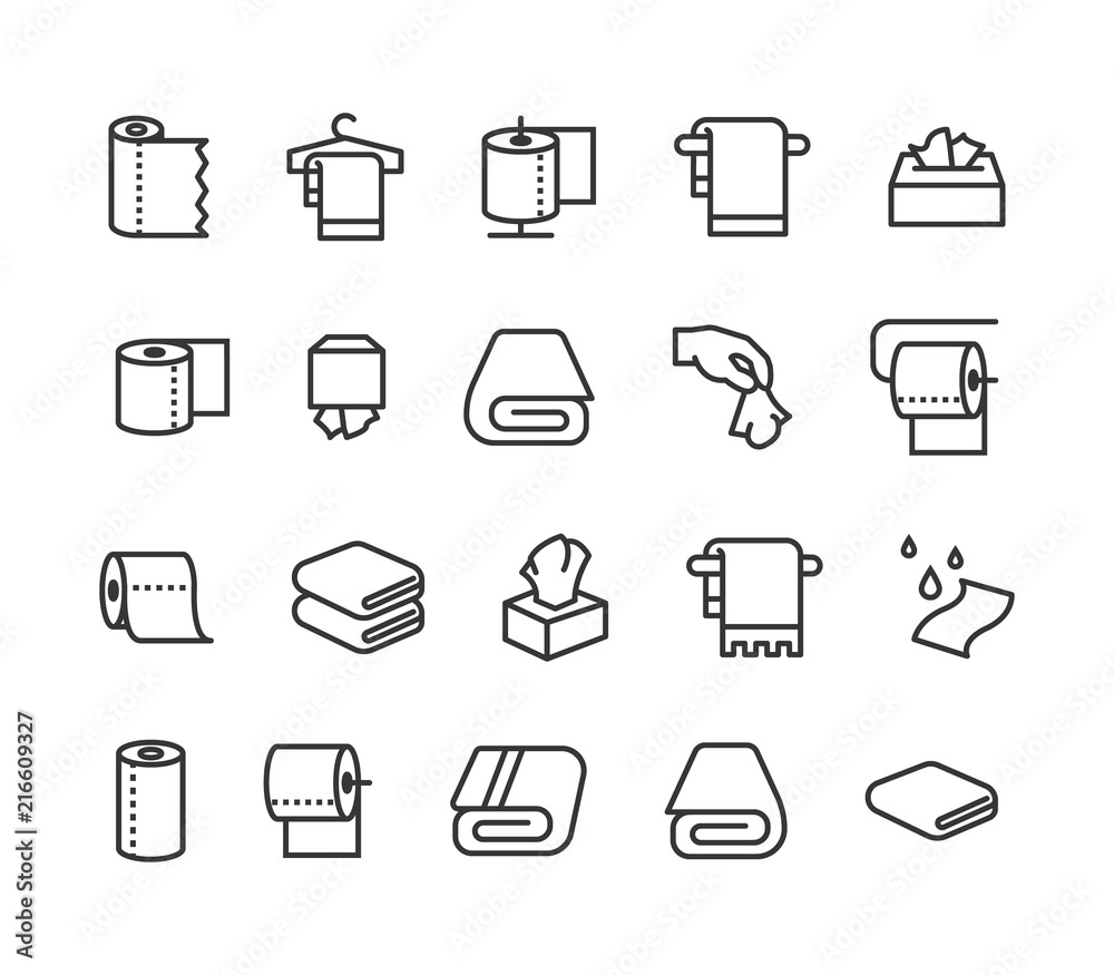 Simple Set of Towels and Napkins Related Vector Line Icons. Contains such Icons as Wet Towel, Sanitary Dispenser, Toilet Paper and more. Editable Stroke. 48x48 Pixel Perfect.