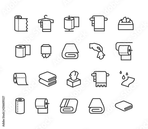 Simple Set of Towels and Napkins Related Vector Line Icons. Contains such Icons as Wet Towel, Sanitary Dispenser, Toilet Paper and more. Editable Stroke. 48x48 Pixel Perfect.