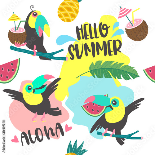 Seamless pattern. Tropical birds toucans, tropical leaves and fruits. Colorful vector illustration.