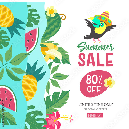 Summer sale. Bright colorful advertising poster. Cheerful Toucan  tropical leaves and fruit. Illustration in cartoon style.