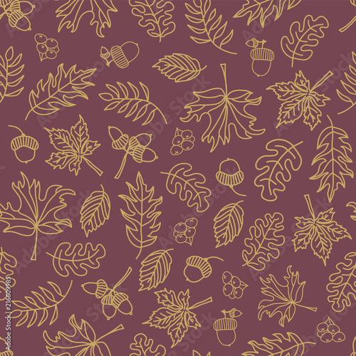 Fall leaves seamless vector background. Beige green leaves on purple background. Acorn, oak tree, maple tree pattern. Doodle leaf print. Fall background, Thanksgiving, Seasonal print, November, paper,