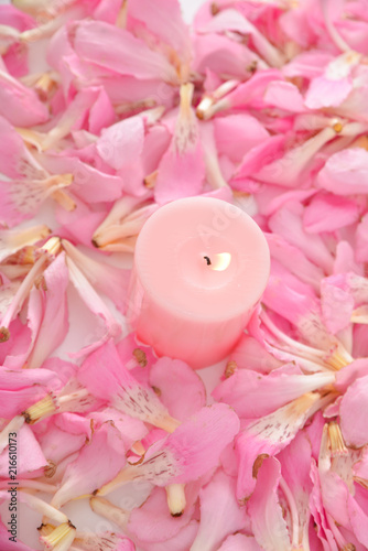 Pile of pink tropical petals and candle