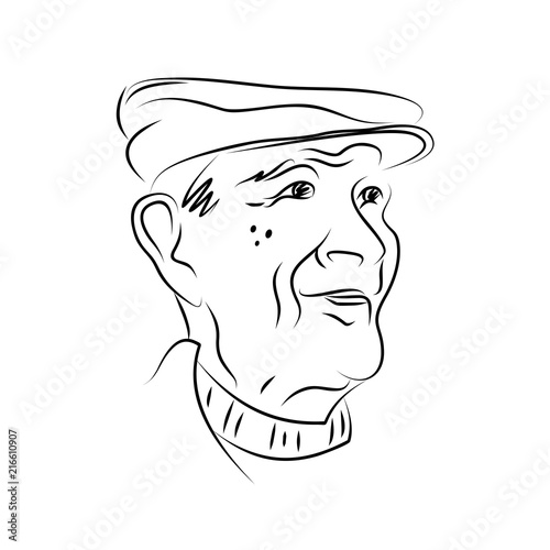 Hand drawn portrait of an elderly man. Black and white graphics. Vector illustration.