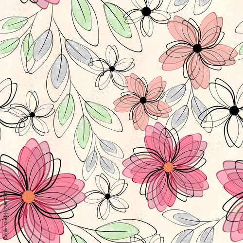 Seamless abstract floral pattern. Cartoon pink flowers on a light background.