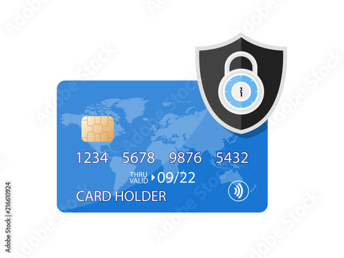 Secured Payment Shield Credit Card with lock icon. Locked bank card illustration Vector