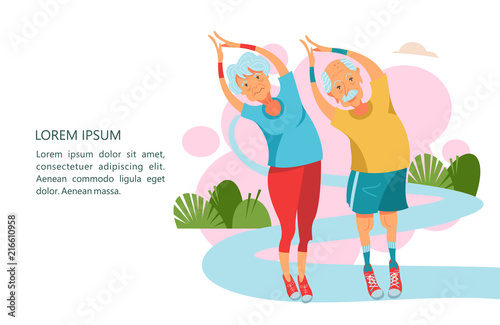 Elderly pensioners engaged in sports. Vector illustration.