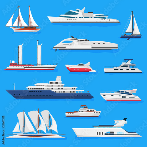 Ships vector boats or cruise travelling in ocean or sea and shipping transportation illustration marine set of nautical sailboat yachting or speedboat isolated on background