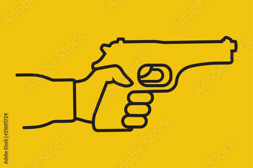 Pistol hold in hand male. Minimal icon black linear. Gun pictogram in man. Firearms silhouette isolated on background. Man is armed for protection or attack. Vector illustration flat design.