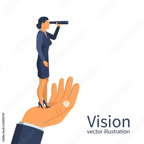 Businesswoman looking on telescope standing on big hand. Vector flat design. Business challenge search way to success goal. Visionary concept. Symbol leadership.