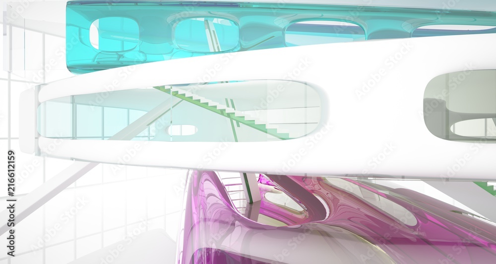Fototapeta premium Abstract white and colored gradient glasses interior multilevel public space with window. 3D illustration and rendering.