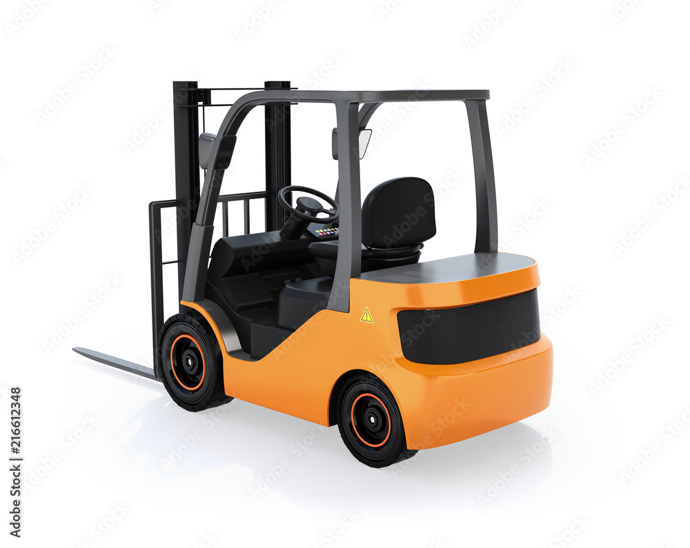 Rear view of electric forklift isolated on white background. 3D rendering image.
