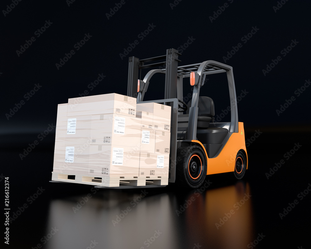 Electric forklift carrying cardboard boxes on pallet. Black background ...