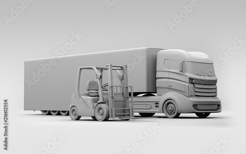 Clay rendering of electric semi truck and forklift. 3D rendering image. photo