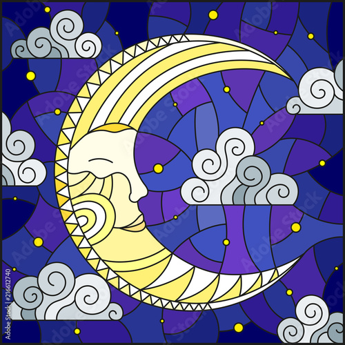 Illustration in stained glass style with moon on cloudy sky background