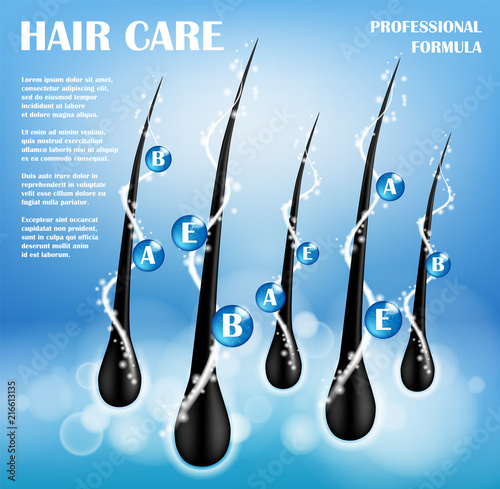 Cosmetic ads template. Hair Nourishing protect shampoo design. Hair care Shampoo for health. Shampoo with vitamins protect. Vector illustration