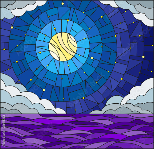 Illustration in stained glass style with sea landscape, sea, cloud, starry sky and moon