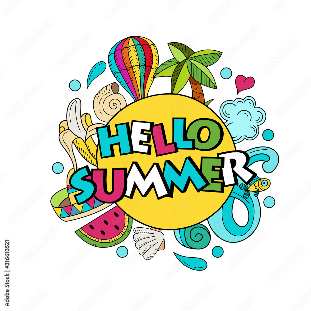 Fototapeta premium Cartoon hand drawn doodle consisting of separate elements. Summer, rest, sea, rest. Vector illustration.