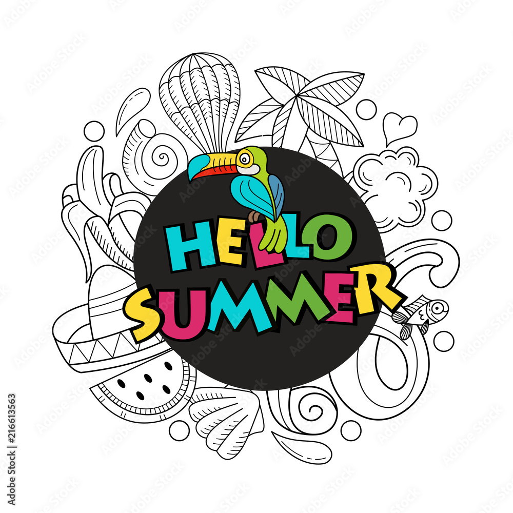 Fototapeta premium Cartoon hand drawn doodle consisting of separate elements. Summer, rest, sea, rest. Vector illustration.