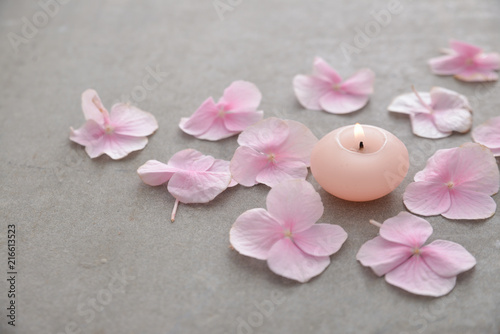Many Pink hydrangea petals with candle on gray background
