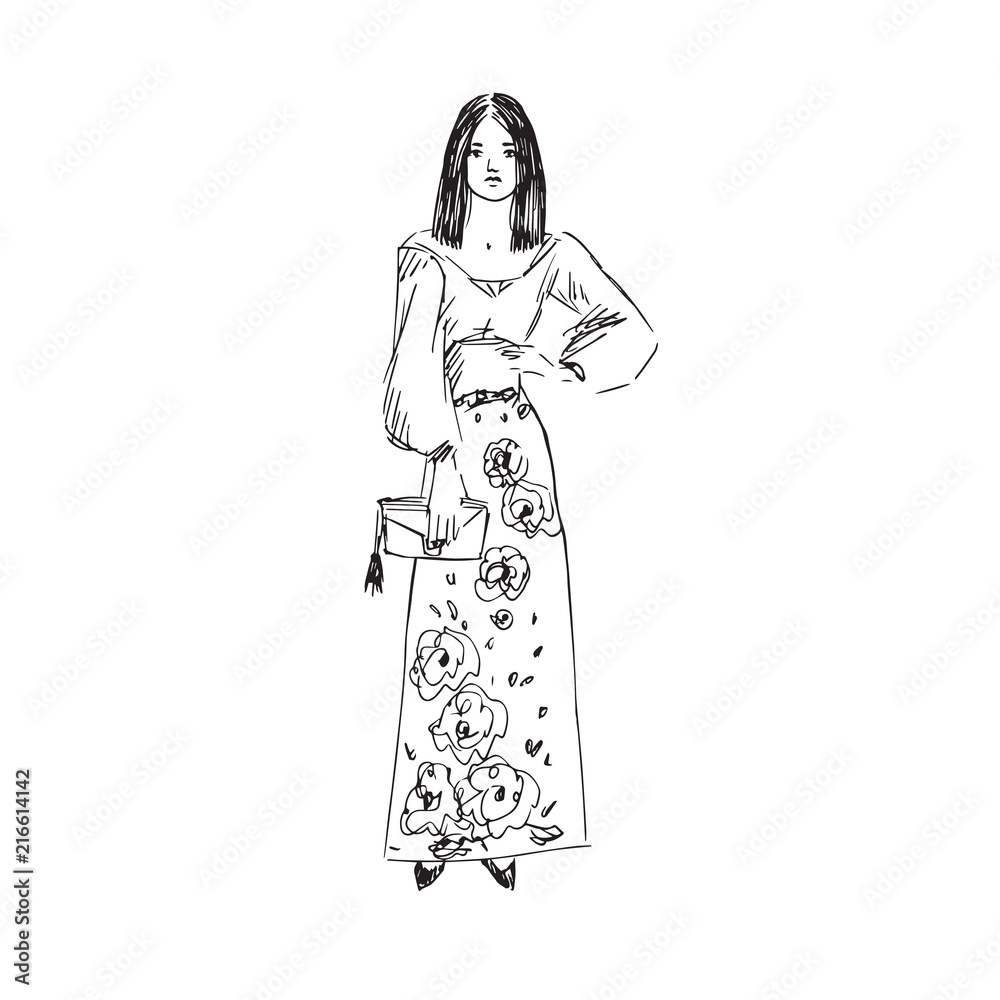 Glamorous fashion model in long skirt with flowers print and blouse standing, front view, hand drawn ink doodle, sketch, outline black and white vector fashion illustration Glamorous fashion model in long skirt with flowers print and blouse standing, front view, hand drawn ink doodle, sketch, outline black and white vector fashion illustration