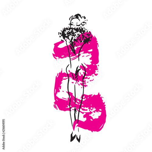 Abstract free fashion model with fluffy collar hand drawn ink doodle with pink stroke accent, sketch, outline black and white vector fashion illustration