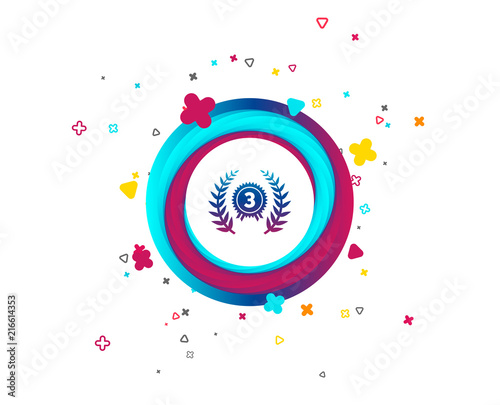 Third place award sign icon. Prize for winner symbol. Laurel Wreath. Colorful button with icon. Geometric elements. Vector