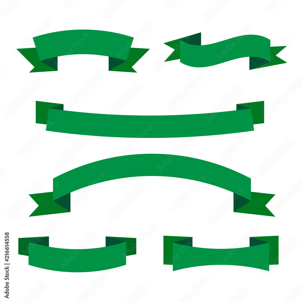 Set of green ribbon banners. Collection of eco scroll elements. Vector illustration.