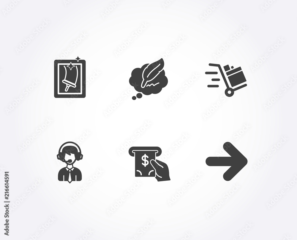 Fototapeta premium Set of Window cleaning, Shipping support and Push cart icons. Ð¡opyright chat, Atm service and Next signs. Housekeeping service, Delivery manager, Express delivery. Vector