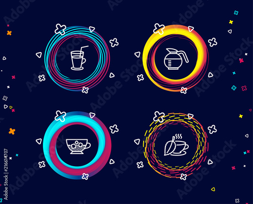 Set of Cocktail, Cold coffee and Coffeepot icons. Mint tea sign. Fresh beverage, Ice cubes in beverage, Brewed coffee.  Circle banners with line icons. Gradient colors shapes. Vector