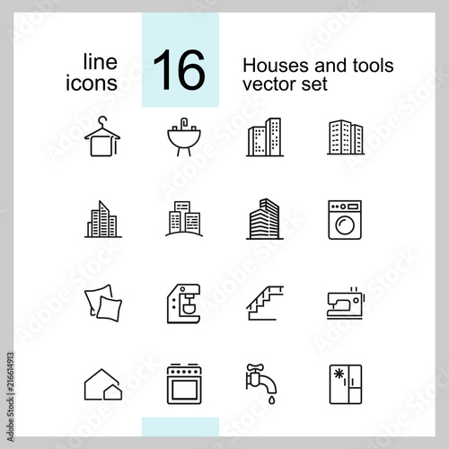 Houses and tools icons. Residential district, coffee machine, fridge. Home services concept. Vector illustration can be used for topics like domestic life, public service, housing development