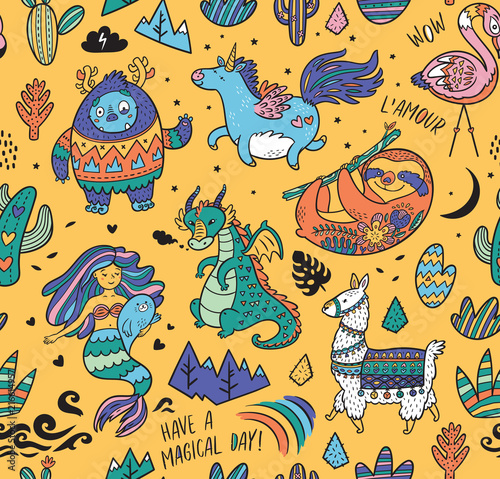 Fototapeta Naklejka Na Ścianę i Meble -  Kids background with Yeti, unicorn, dragon, mermaid, llama and sloth in cartoon style. Vector illustration
