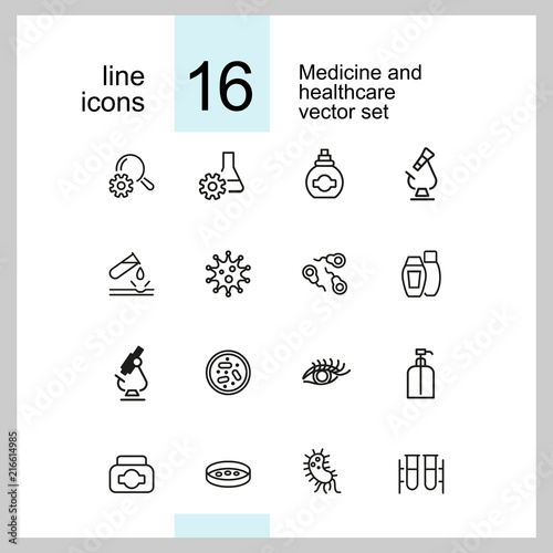 Medicine and healthcare icons. Set of  line icons. Bacteria, corrosion, microscope. Science concept. Vector illustration can be used for topics like microbiology, research, pharmaceutics