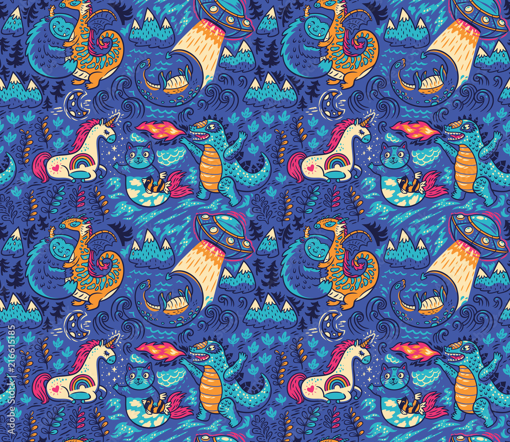 Fototapeta premium Fantastic creatures, animals pattern. Vector cute background