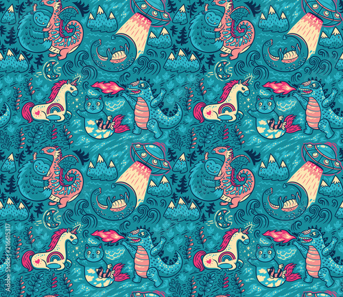 Fantastic creatures, animals pattern. Vector cute background photo