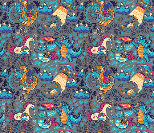 Fantastic creatures, animals pattern. Vector cute background