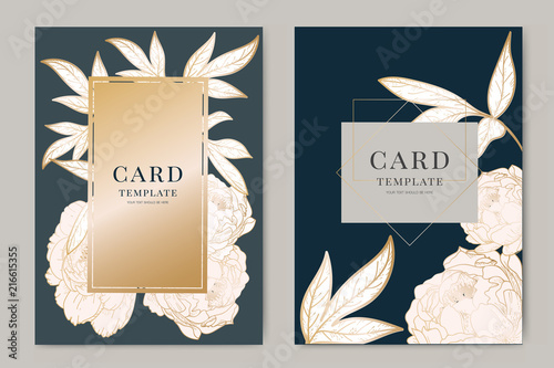 Wedding Invitation, floral invite thank you, rsvp modern card Design in white peony with golden line  tropical palm leaf eucalyptus branches on light blue background Vector elegant rustic template