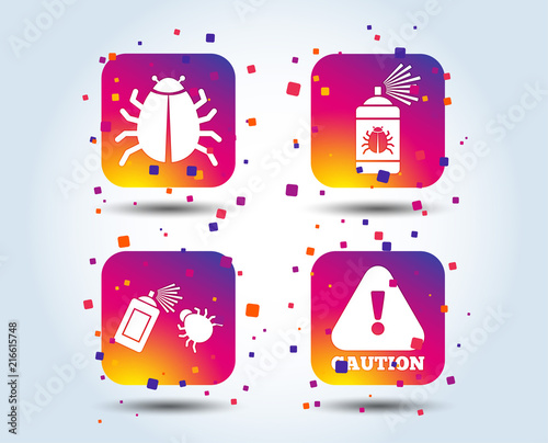 Bug disinfection icons. Caution attention symbol. Insect fumigation spray sign. Colour gradient square buttons. Flat design concept. Vector